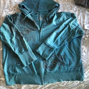Zip Hoodie Teal with Brown and Sequins